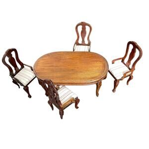 Vintage Miniature Wooden Dollhouse Dining Room Table & 4 Arm Chair Set 1:12